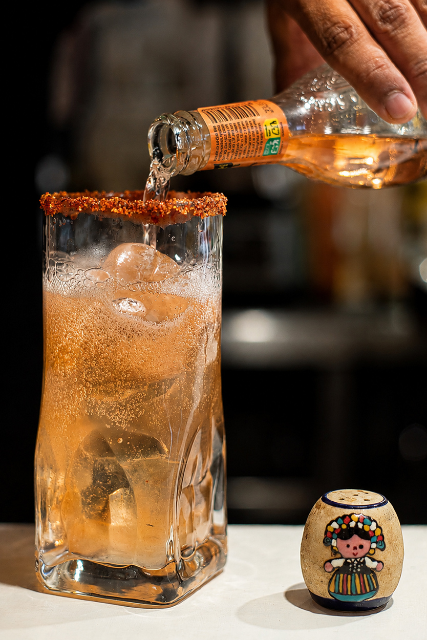 Paloma servida con hielo y borde de chile mientras se vierte desde una botella.