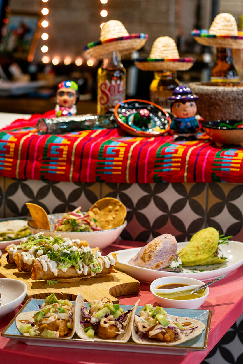 Platos tradicionales mexicanos en una mesa decorada con motivos mexicanos.